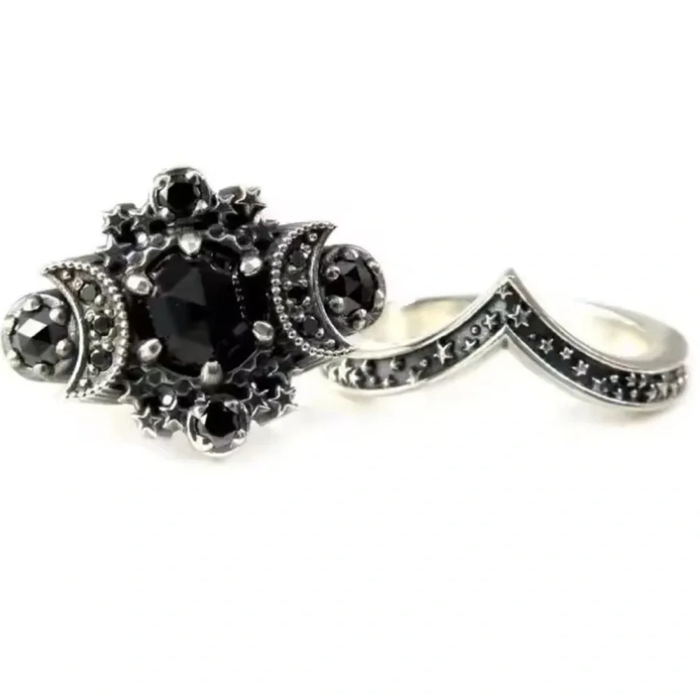 Vuntage Gothic Celestial  Universe Moon Ring Set